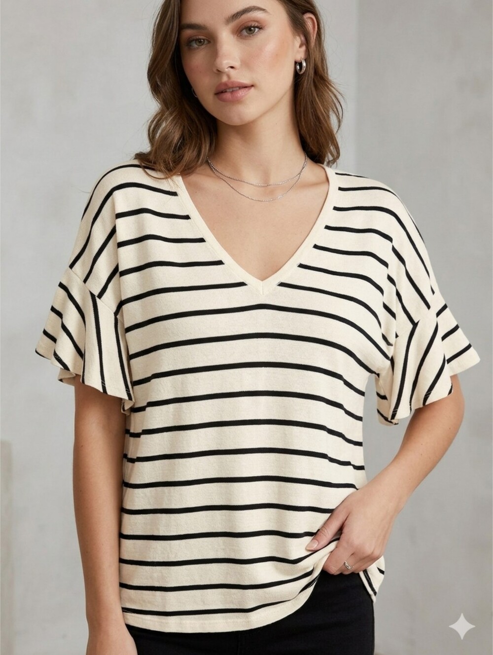 A New Day Striped Dropped Shoulder Flutter Sleeve Top